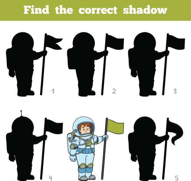 Find the correct shadow, game for children, Astronaut Find the correct shadow, education game for children, Astronaut puzzle silhouettes stock illustrations