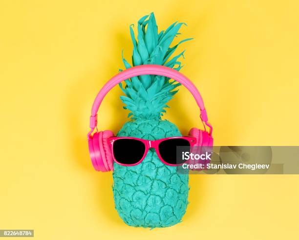 Pineapple In Pink Headphones Stock Photo - Download Image Now - Summer, Party - Social Event, Pineapple