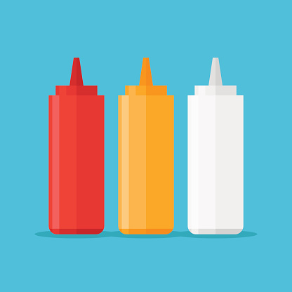 Set of sauce bottles isolated on blue background. Ketchup, mustard and mayonnaise. Vector illustration.