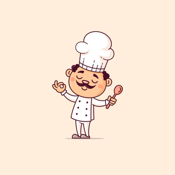 Head Cute chef with spoon vector cartoon illustration in kawaii style italian ethnicity stock illustrations
