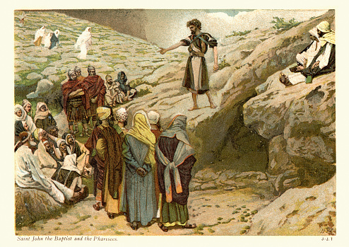 Vintage engraving  by J. James Tissot, showing Saint John the Baptist and the Pharisees