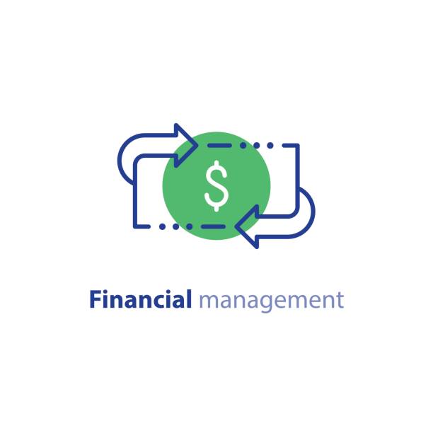 Money savings, investment plan, stock market, finance services, line icon Financial services, cash back concept, money refund, return on investment, savings account, currency exchange, vector line icon refund stock illustrations