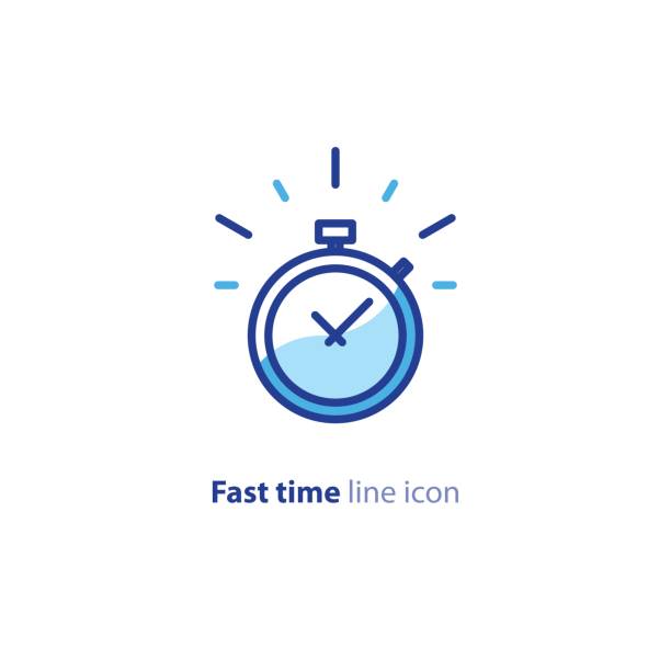 Quick services, fast delivery, deadline time, delay alarm, line icon Fast time icon, stop watch speed concept, quick delivery, express and urgent services, deadline and delay, vector line icon clock illustrations stock illustrations