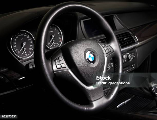 Bmw Passenger Car Interior Showing Steering Wheel And Gear Shift In Black Leather Interior Stock Photo - Download Image Now