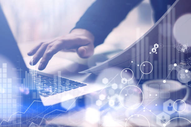 istock Concept of digital screen,virtual connection icon,diagram, graph interfaces.Businessman using laptop for research new business solutions.Blurred background. 822697166