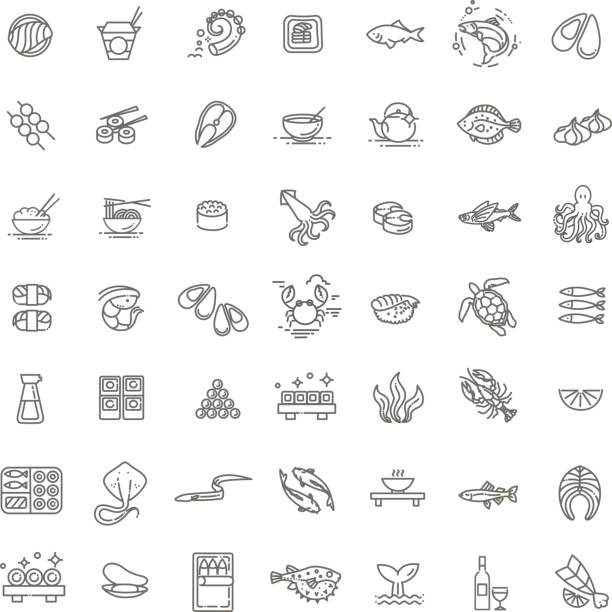 ilustraciones, imágenes clip art, dibujos animados e iconos de stock de pescados y mariscos - colección de iconos de contorno, vector de la carta del restaurante - fish seafood lobster salmon