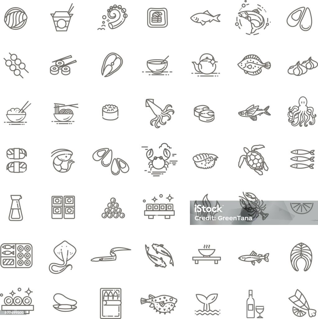 Poissons et fruits de mer - collection d’icônes de contour, vecteur de menu de restaurant - clipart vectoriel de Icône libre de droits