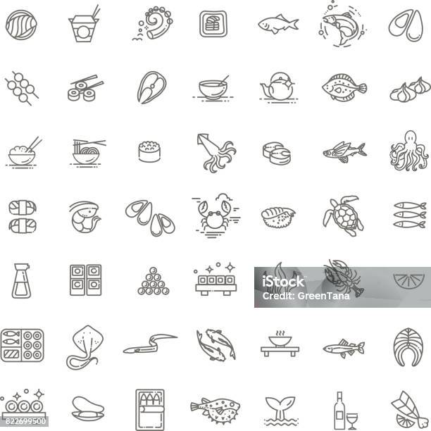 Fish And Seafood Outline Icon Collection Vector For Restaurant Menu Stock Illustration - Download Image Now