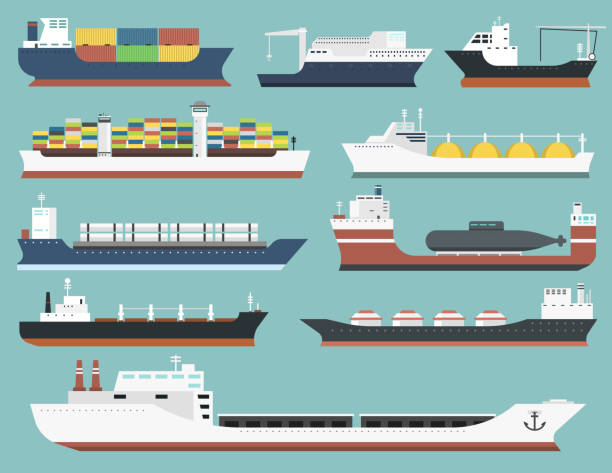 Cargo vessels and tankers shipping delivery bulk carrier train freight boat tankers isolated on background vector illustration Set of commercial delivery cargo vessels and tankers shipping bulk carrier train ferry freight industrial goods side view isolated on background tankers boat vector illustration industrial ship stock illustrations