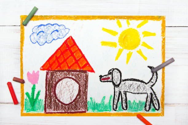 istock Colorful drawing: black big dog and doghouse 822707318