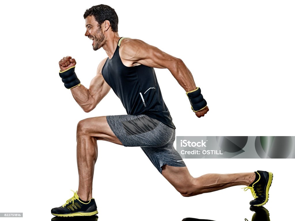 fitness man cardio boxing exercises isolated one caucasian fitness man exercising cardio boxing exercises in studio  isolated on white background Men Stock Photo