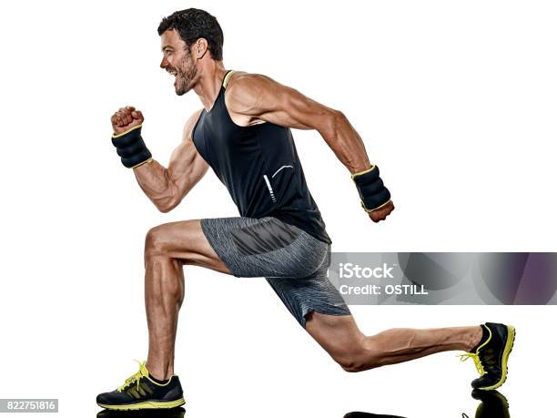 Fitness Man Cardio Boxing Exercises Isolated Stock Photo - Download Image Now - Men, Gym, Exercising