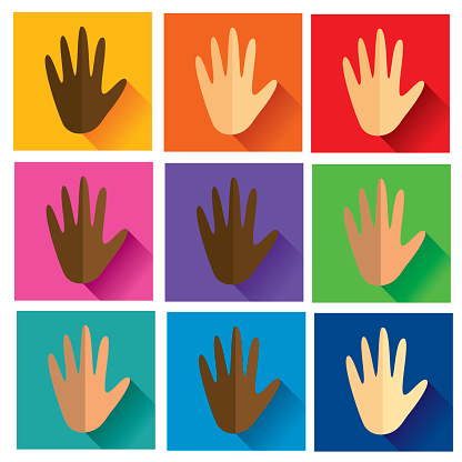 Set of nine vector illustration folded, multi-ethnic hands, in different color combinations.