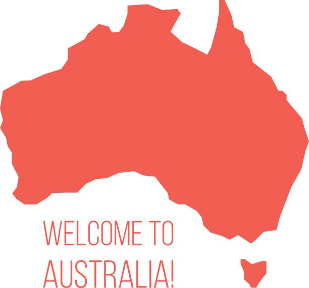 red silhouette of Australia with inscription welcome red silhouette of Australia with inscription welcome. concept of world tour, international tourism and invitation travelers. isolated on white background. trendy modern design vector illustration brisbane stock illustrations