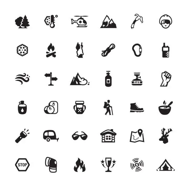 Vector illustration of Mountain Climbing icons set