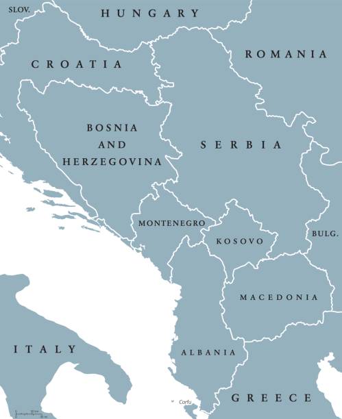 Central Balkan political map Central Balkan political map with borders. Southeastern countries on the Balkan Peninsula in Europe from Croatia to Greece. Gray illustration on white background. English labeling. Vector. kosovo stock illustrations