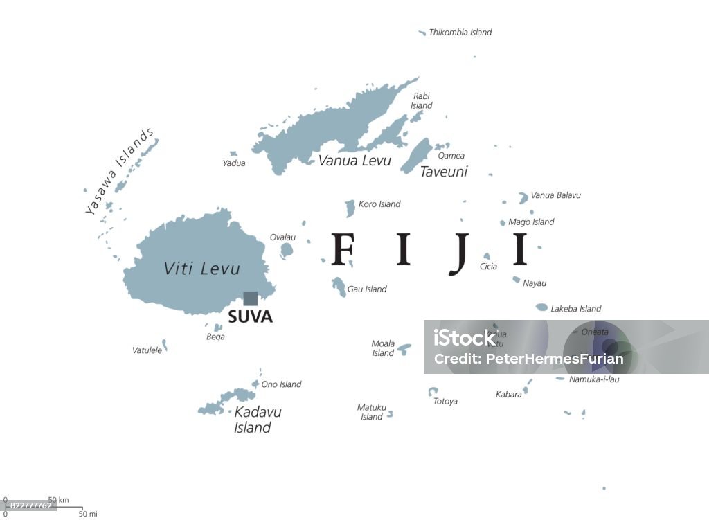 Fiji political map Fiji political map with capital Suva. Republic, archipelago and island country in Melanesia in the South Pacific Ocean. Gray illustration on white background with English labeling. Vector. Fiji stock vector