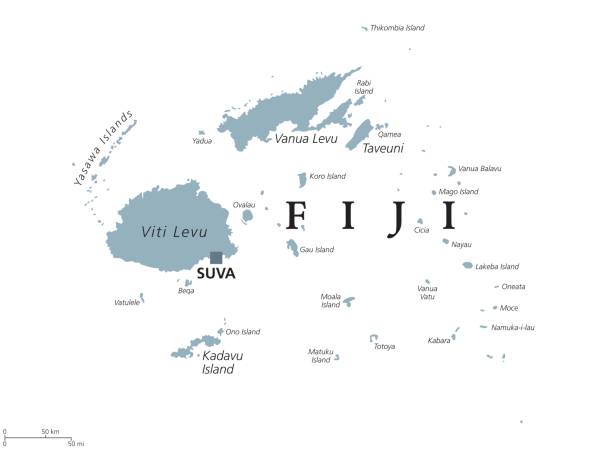 Fiji political map Fiji political map with capital Suva. Republic, archipelago and island country in Melanesia in the South Pacific Ocean. Gray illustration on white background with English labeling. Vector. taveuni stock illustrations