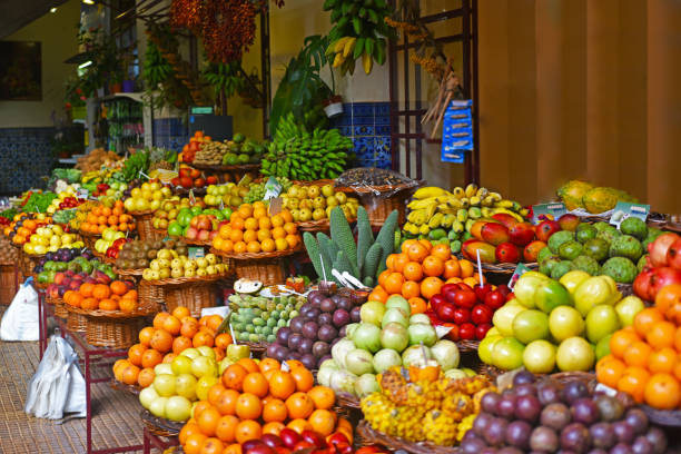 Open air market. Open air market. Madeira's fruits. Summer day. funchal stock pictures, royalty-free photos & images