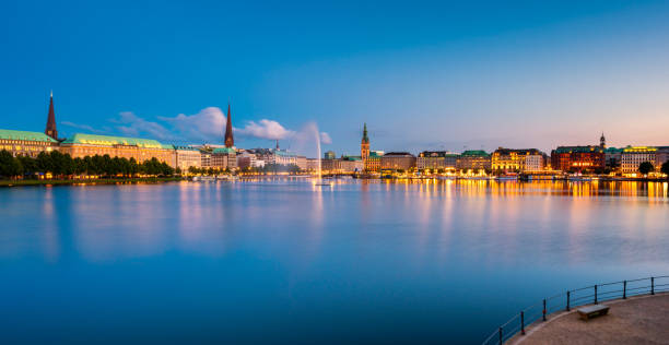 istock Panoramic view on Hamburg Germany Skyline at dusk 822787006