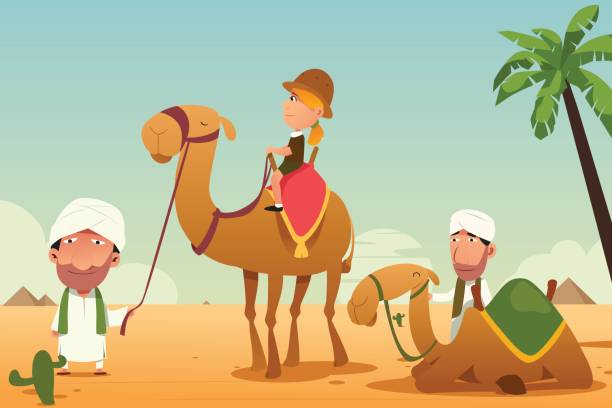 ilustraciones, imágenes clip art, dibujos animados e iconos de stock de turista montando un camello en el desierto - camel ride