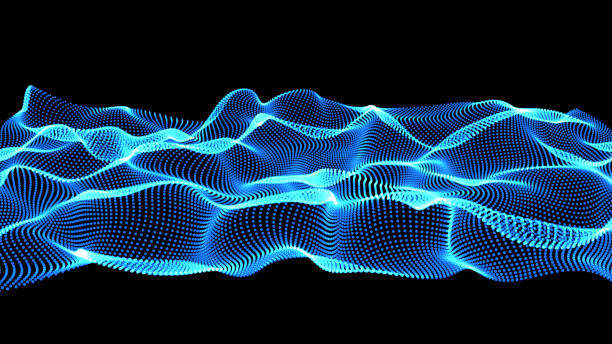 istock blue abstract waves on black background - shape made of dots 822851136