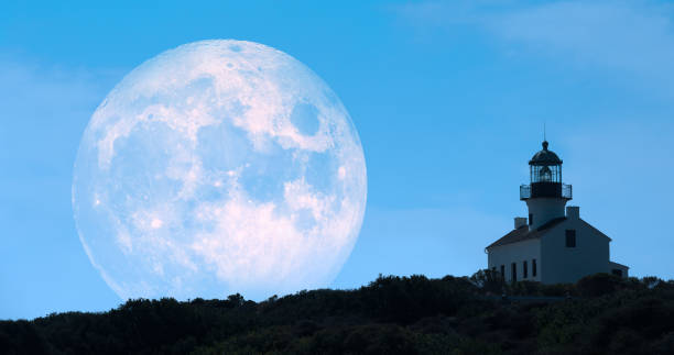 istock Close up of lighthouse and moon 822851726