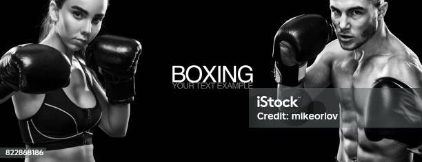 Two Sportsmans Boxers On Black Background Copy Space Sport Concept Stock Photo - Download Image Now