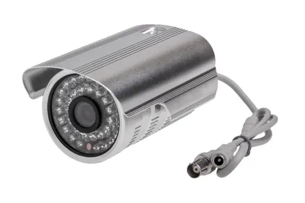 External security surveillance camera with night vision LED backlight isolated on white background