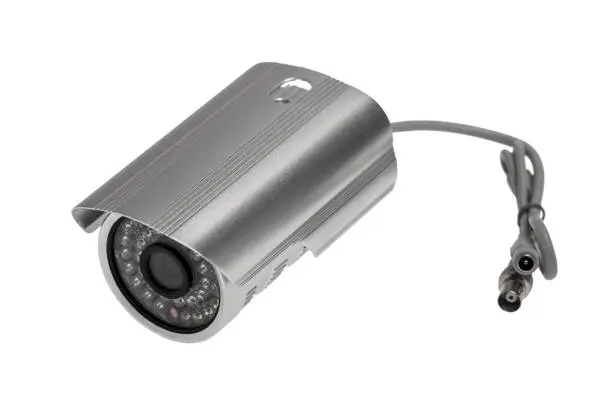 External security surveillance camera with night vision LED backlight isolated on white background
