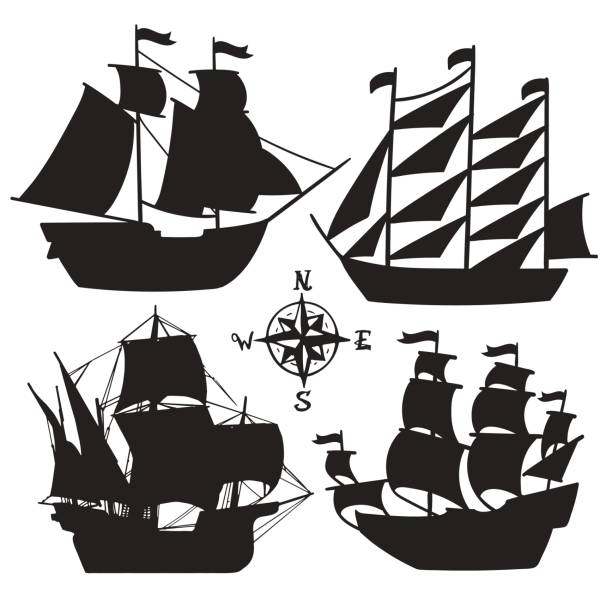 ilustraciones, imágenes clip art, dibujos animados e iconos de stock de conjunto de antiguos veleros de simple bosquejo ilustraciones, barcos pirata con una silueta de la vela - jarcia
