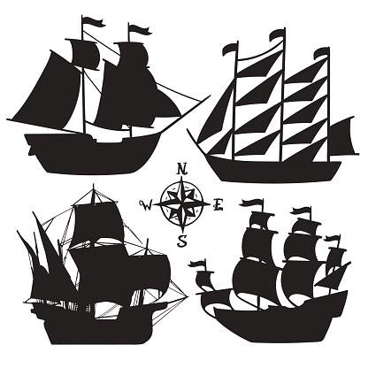 Set of simple sketch illustrations of old sailboats, pirate ships with a sail, vector, silhouette isolated for design