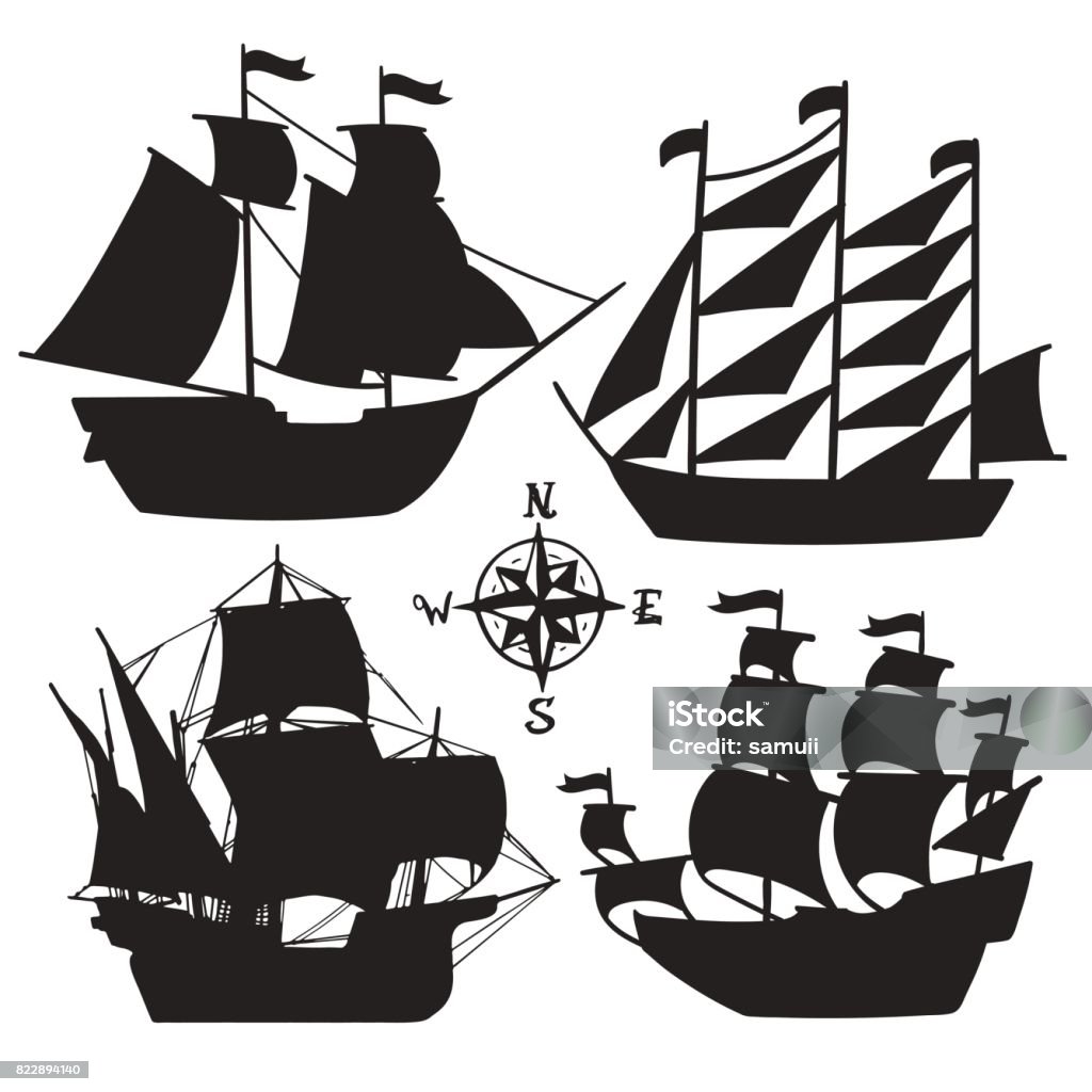 Set of simple sketch illustrations old sailboats, pirate ships with a sail silhouette Set of simple sketch illustrations of old sailboats, pirate ships with a sail, vector, silhouette isolated for design Ship stock vector