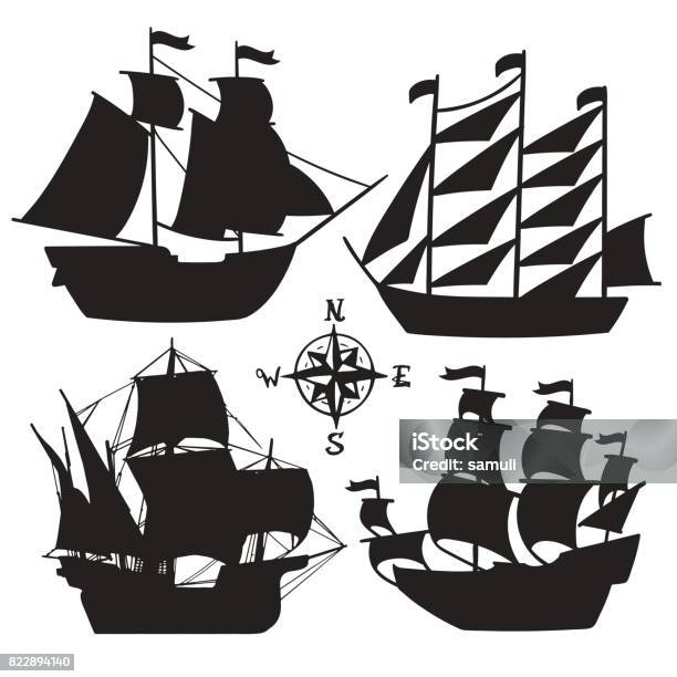 Set Of Simple Sketch Illustrations Old Sailboats Pirate Ships With A Sail Silhouette Stock Illustration - Download Image Now