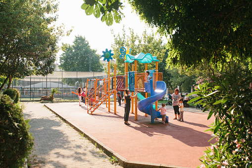 Istanbul, June 14, 2017: Open playground in Istanbul, Turkey. Sports development of children. Children's games and friendship