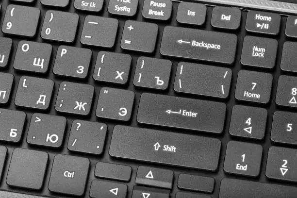 Electronic collection - close-up laptop keyboard with russian letter and key enter