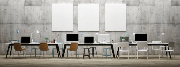istock Dream work space office, three mock up poster on concrete wall 822964348