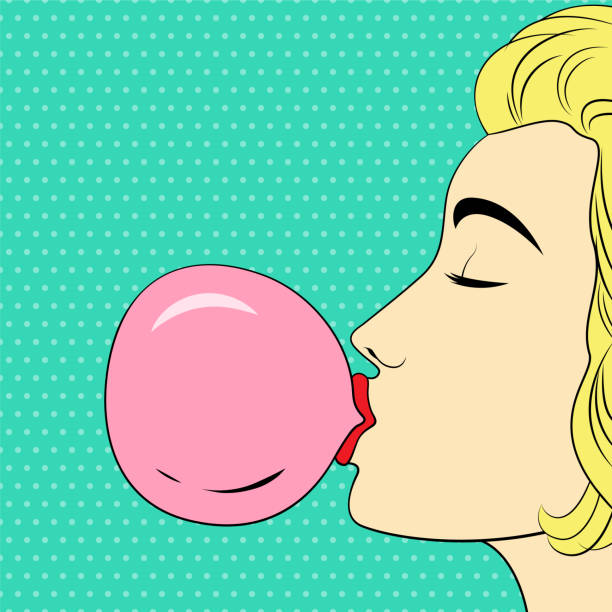 dziewczyna dmuchanie guma bąbelkowa. ilustracja wektorowa w stylu komiksowym - chewing gum women bubble blowing stock illustrations