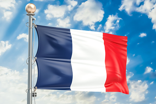 French flag waving in blue cloudy sky, 3D rendering