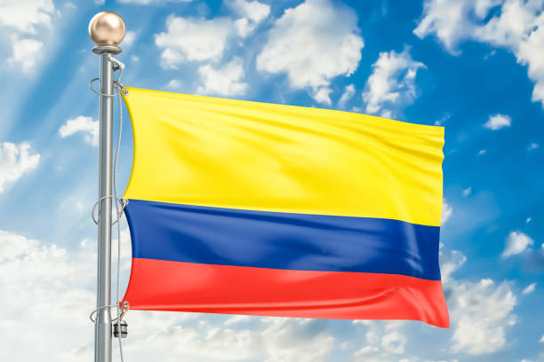 istock Colombian flag waving in blue cloudy sky, 3D rendering 823000168