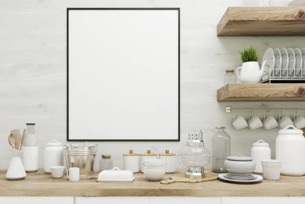 istock White kitchen with poster, shelves close up 823005532