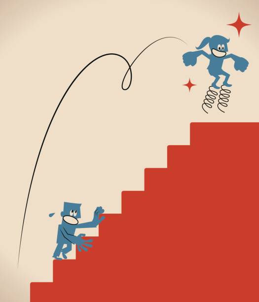 Over obstacles, smiling businesswoman (woman, girl) jumping higher with coiled spring, she has drawn ahead of her competitor Blue Little Guy Cartoon Characters Full Length Vector art illustration.Copy Space, Manga style. girl climbing ladder stock illustrations