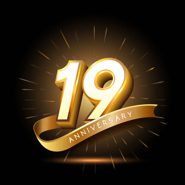 illustrazioni stock, clip art, cartoni animati e icone di tendenza di celebrazione dell'icona dell'anniversario d'oro di 19 anni con pirotecno e nastro - 18 19 years