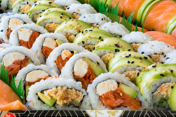 Smoke Salmon and Crab Sushi Roll Closeup Macro