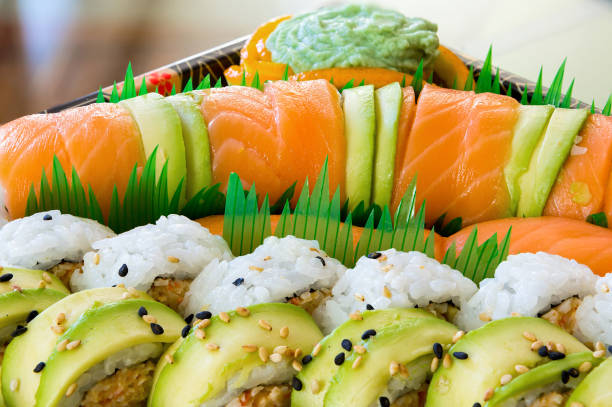 Fresh Salmon Avocado Sushi Roll Closeup
