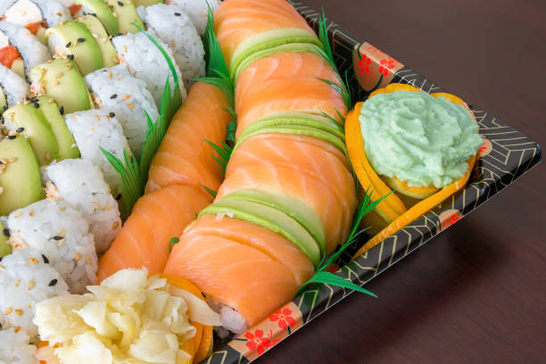 Fresh Raw Salmon Sushi Roll Platter Closeup Macro