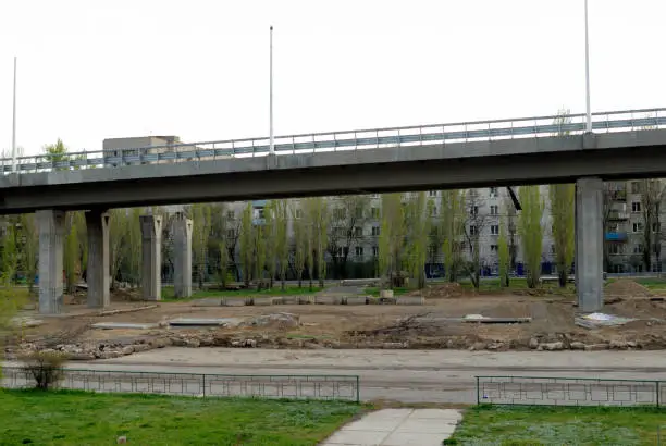 Construction of the new bridge in city centre of Volgograd Russia