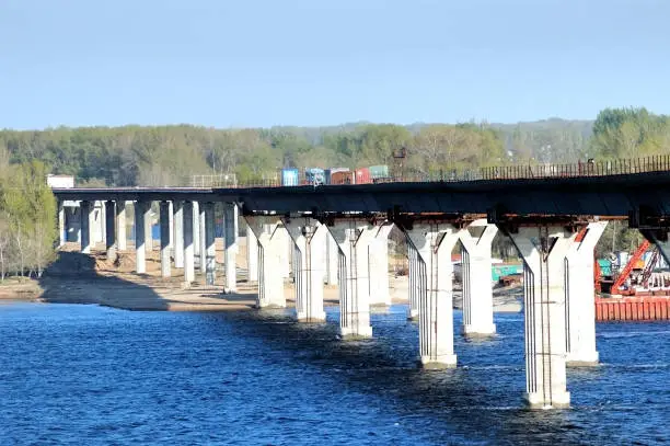 Construction of the bridge through the river Volga Russia Volgograd