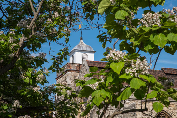 A view of the beautiful St. Nicholas Church in the historic city of Rochester in Kent, UK. The building now contains offices of the Board of Education of the Diocese of Rochester.