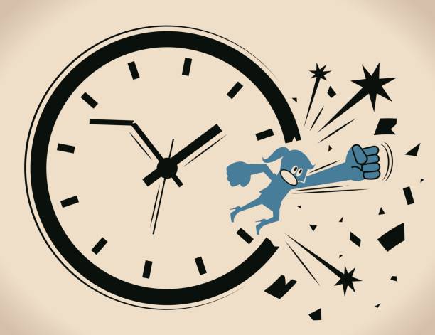 ilustrações, clipart, desenhos animados e ícones de quebrando a pressão de tempo. empresária (mulher, menina) através de um mostrador de relógio. conceito sobre: quebrar a rotina; quebrar o ciclo - clock face clock countdown time